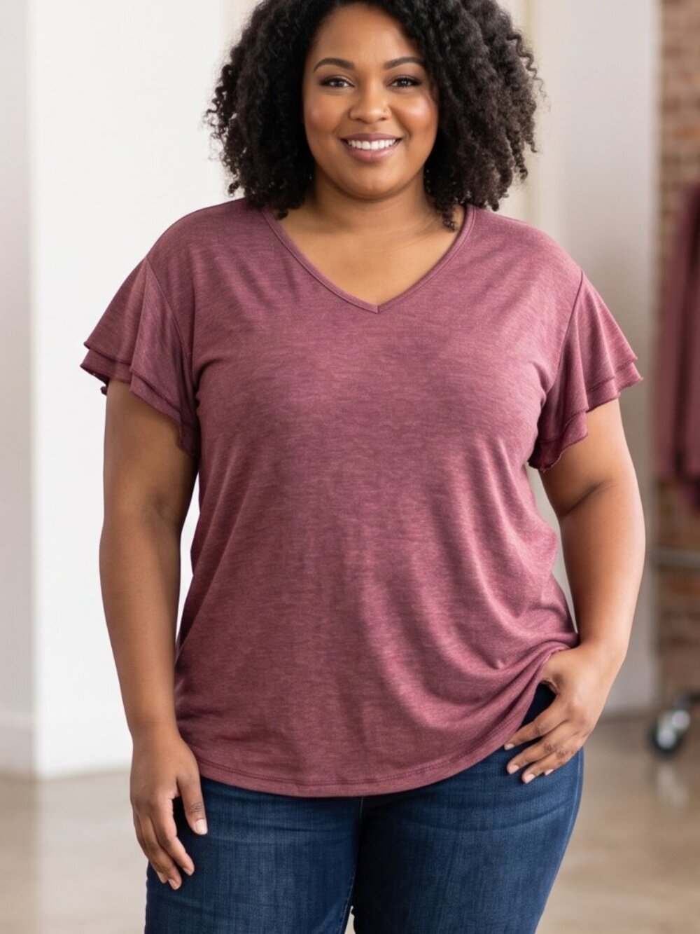 NWT | Automet Heathered Dusty Pink Flutter Sleeve Top | V-Neck | Size L